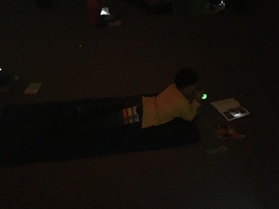 A boy lies on a sleeping bag while using a flashlight to read his book.