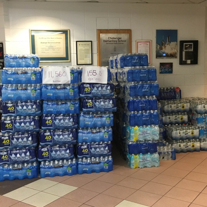 A large collection of water that will be sent to Flint. All collected by the Kentwood School District, including Brookwood!