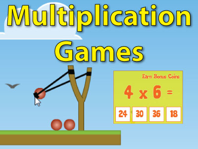Multiplication Games Earn Bonus Coins 4x6= 24 30 36 18 Shows picture of a slingshot with three red balls and a bird flying in the distances